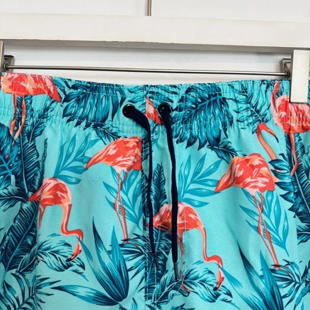 Pacific Scene Flamingo Print Mens Bathing Suit Swim Shorts Lined‎ Summer Blue XL